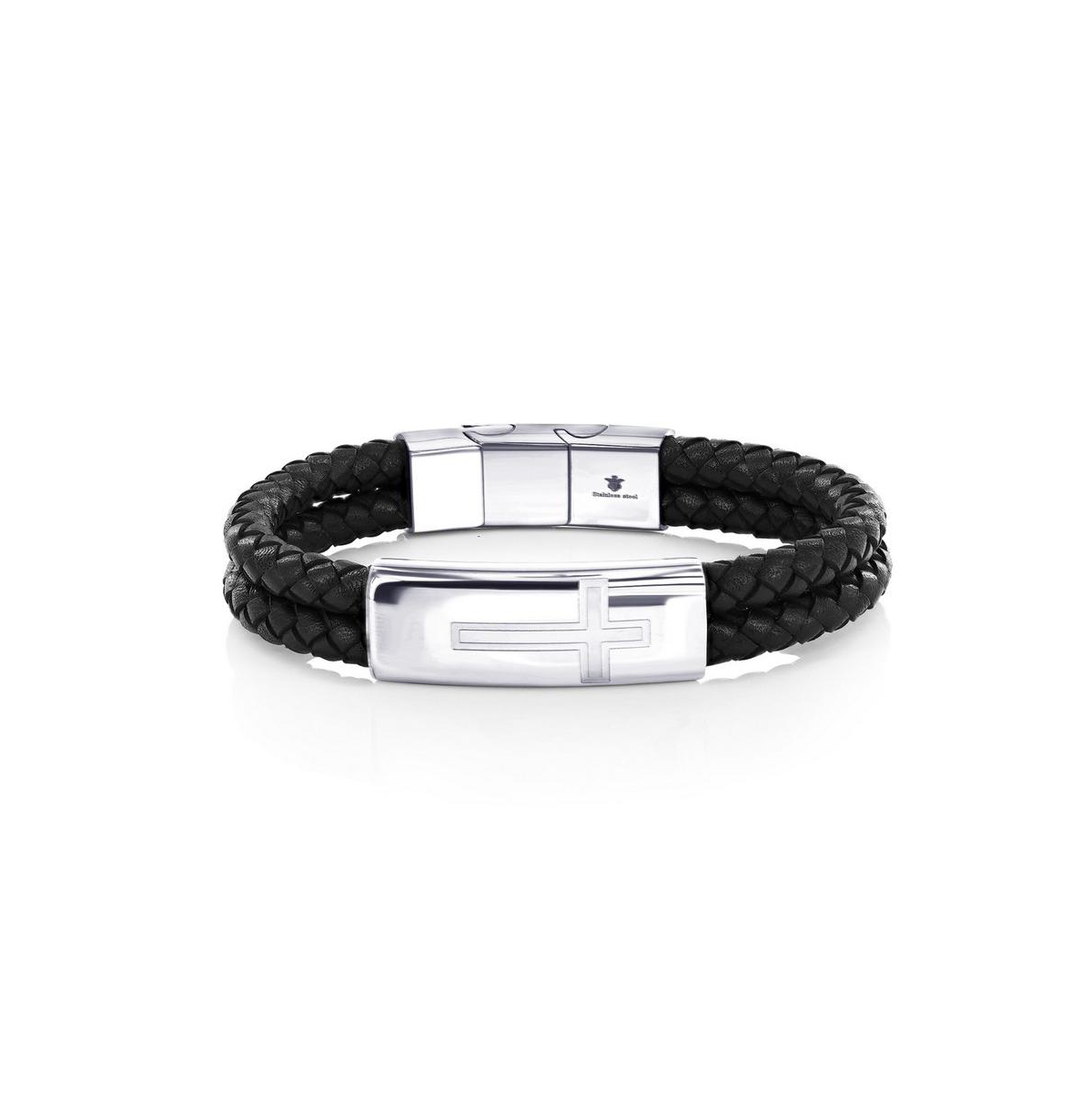 Stainless Steel, Double Leather Strand, Cross Design Bracelet - Black  gold