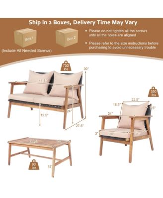 4 Piece Patio Conversation Set Outdoor Furniture Set  w/ Cushions & Wood Frame