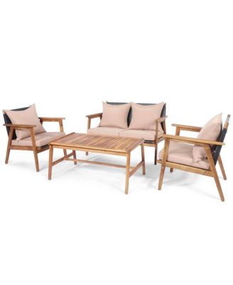 4 Piece Patio Conversation Set Outdoor Furniture Set  w/ Cushions & Wood Frame