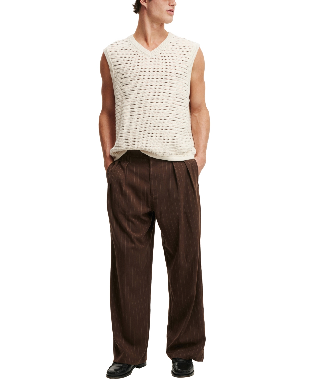 Shop Cotton On Men's Super Baggy Pleated Pants In Chocolate Pinstripe