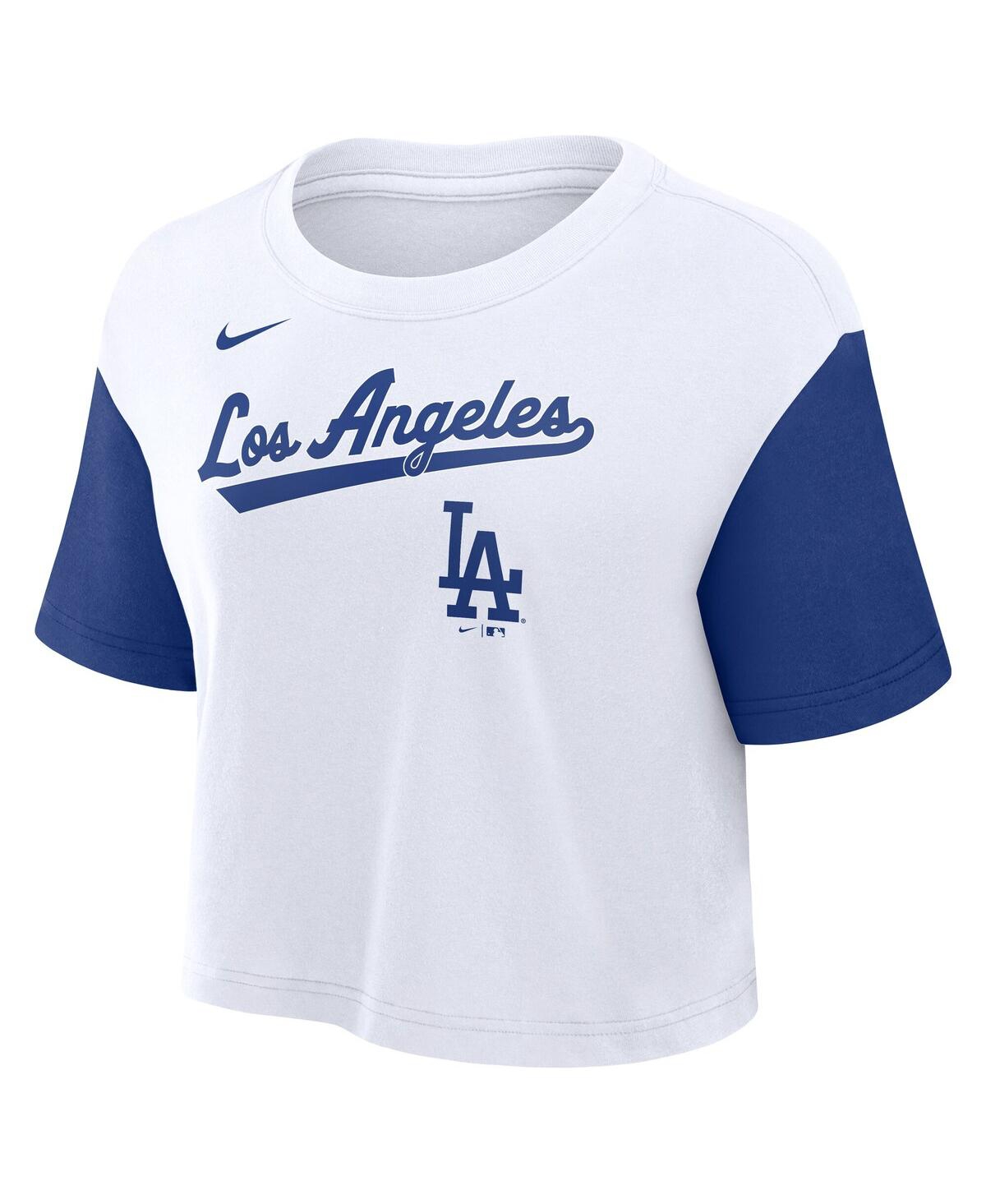 Nike Women's White/royal Los Angeles Dodgers Script Cropped Performance T-shirt In White,royal