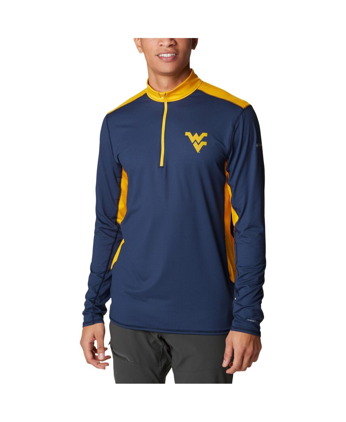 COLUMBIA MEN'S NAVY WEST VIRGINIA MOUNTAINEERS TECH TRAIL OMNI-SHADE QUARTER-ZIP SWEATSHIRT 