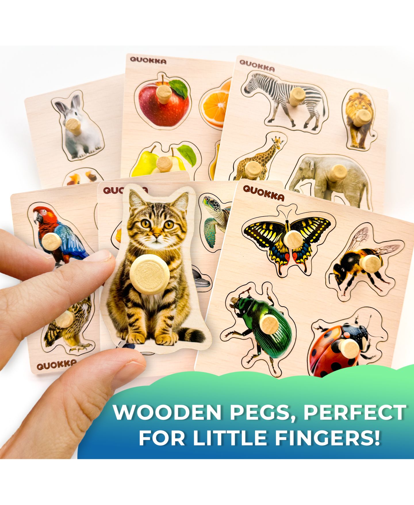 Детский пазл Quokka Wooden Puzzles for Toddlers 1-3 – Pegged Puzzles for Kids, цвет: Fruits And Animals — фото 4