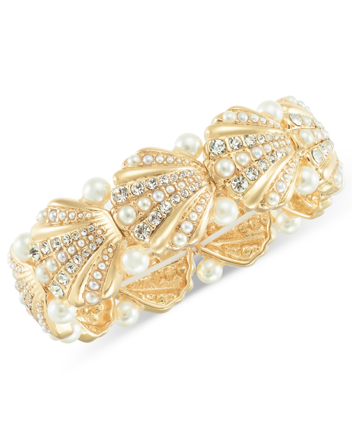 Gold-Tone Crystal & Imitation Pearl Shell Stretch Bracelet, Exclusively at Macy's - White