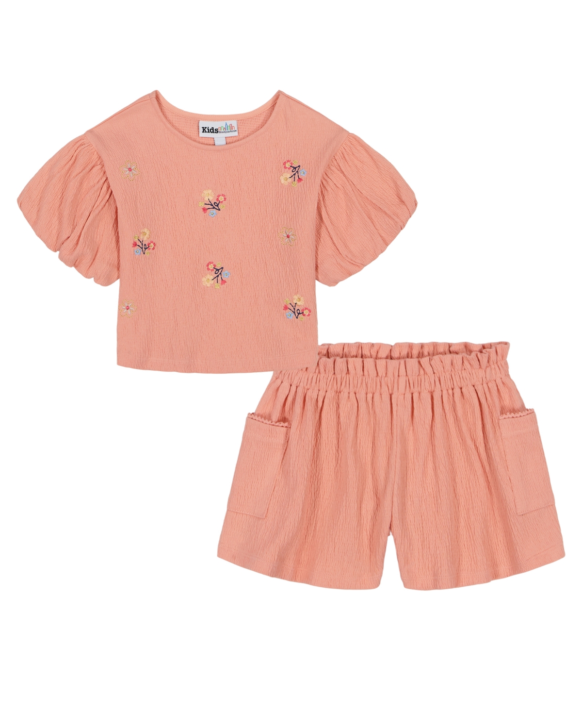 KIDS HEADQUARTERS TODDLER AND LITTLE GIRLS 2-PIECE FLORAL EMBROIDERED TOP AND CRINKLE KNIT SHORTS SET 