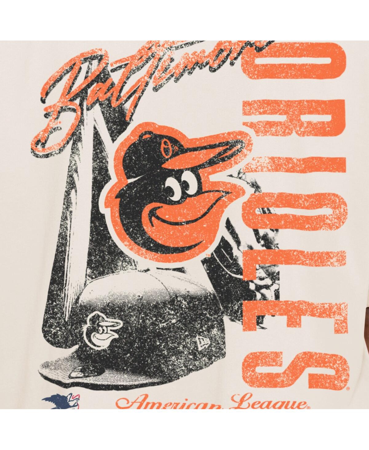NEW ERA MEN'S CREAM BALTIMORE ORIOLES COOPERSTOWN COLLECTION OVERSIZED THROWBACK DISTRESSED T-SHIRT 