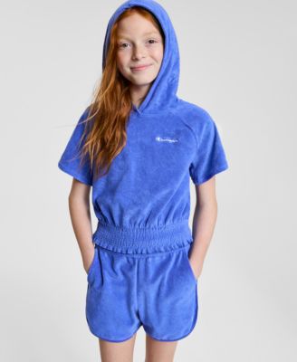 Champion Big Girls Terry Smocked-waist Pullover Hoodie In Blue