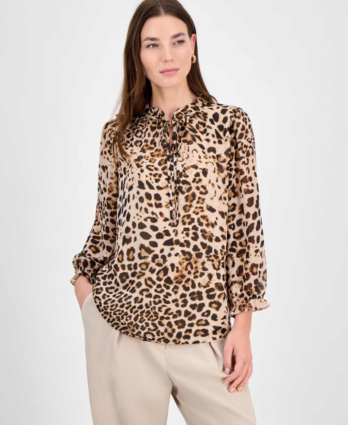 Women's Animal-Print Ruffled Tie-Neck Blouse, Exclusively at Macy's - Desert Sand Multi