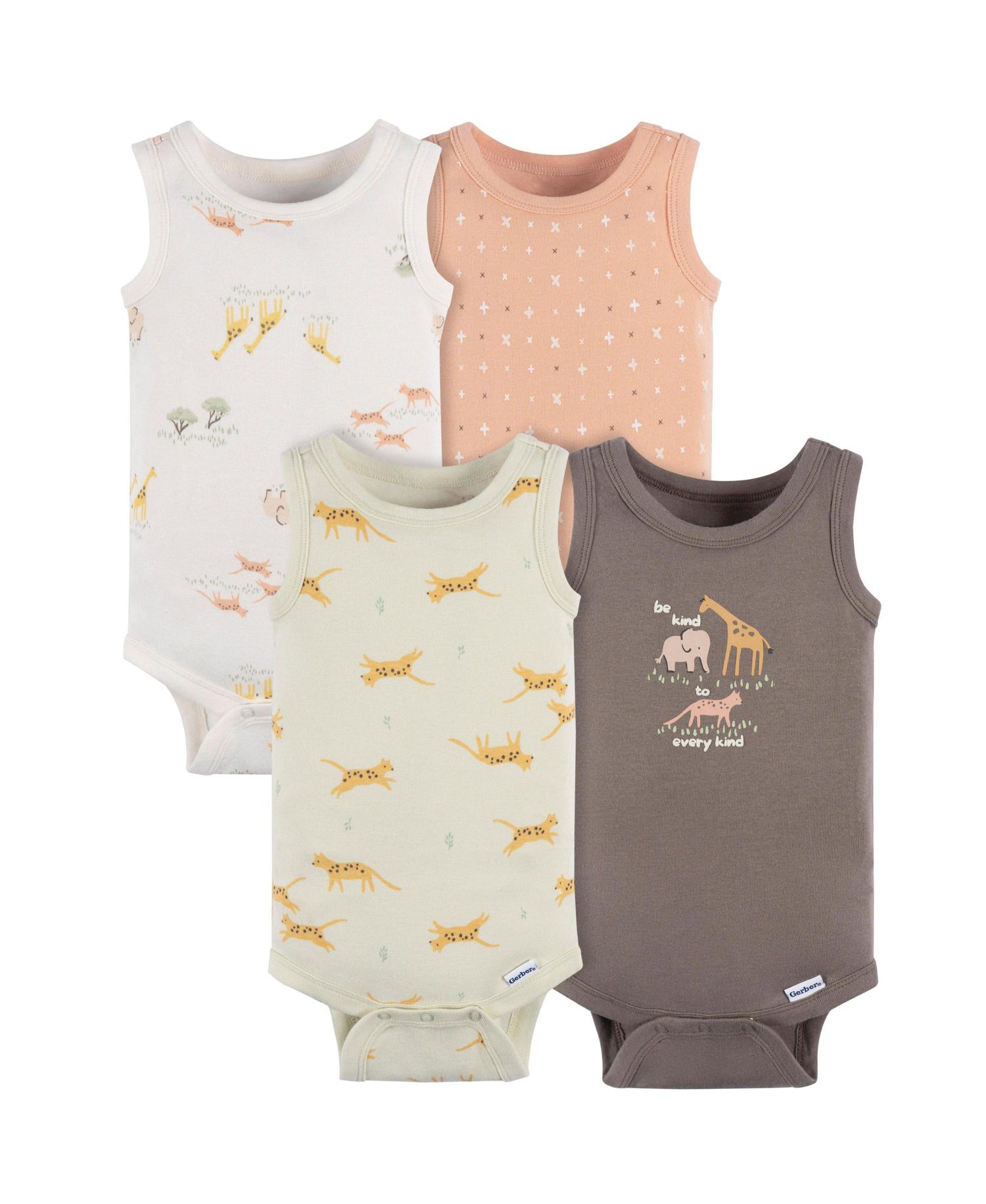 Baby Neutral Ivory Safari Sleeveless 4-Pack Onesies Bodysuits