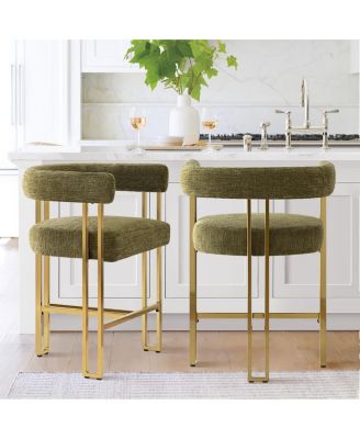 Set of 2 Counter Height Stools, 25" Upholstered Chairs with Gold Metal Legs, Curved Back and Armrests-Maison Boucle