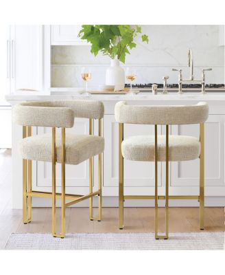 Set of 2 Counter Height Stools, 25" Upholstered Chairs with Gold Metal Legs, Curved Back & Armrests-Maison Boucle