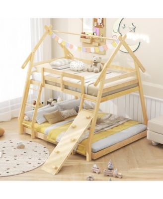 Twin Over Queen Bunk Bed Wooden Kids Bed with Climbing Nets and Ramp