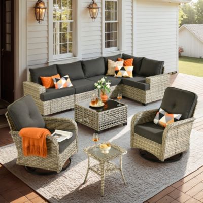 9 Pieces Outdoor Patio Furniture Set,Rattan Sectional Sofa Couch,Outside Coversation Set with Extra Deep Swivel Chairs and Solar Coffee Table for Porch Balcony Backyard Deck Poolside