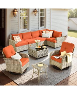 9 Pieces Outdoor Patio Furniture Set,Rattan Sectional Sofa Couch,Outside Coversation Set with Extra Deep Swivel Chairs and Solar Coffee Table for Porch Balcony Backyard Deck Poolside