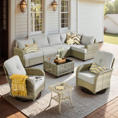 9 Pieces Outdoor Patio Furniture Set,Rattan Sectional Sofa Couch,Outside Coversation Set with Extra Deep Swivel Chairs and Solar Coffee Table for Porch Balcony Backyard Deck Poolside
