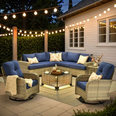 9 Pieces Outdoor Patio Furniture Set,Rattan Sectional Sofa Couch,Outside Coversation Set with Extra Deep Swivel Chairs and Solar Coffee Table for Porch Balcony Backyard Deck Poolside
