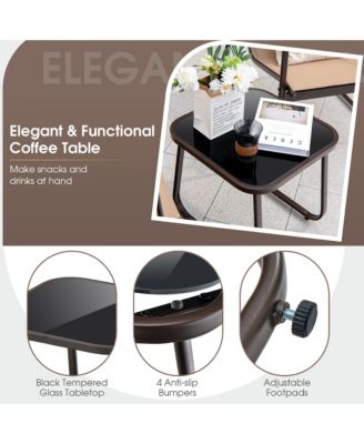 3 Pieces Patio Conversation Set Outdoor Metal Chair & Table Tempered Glass Top