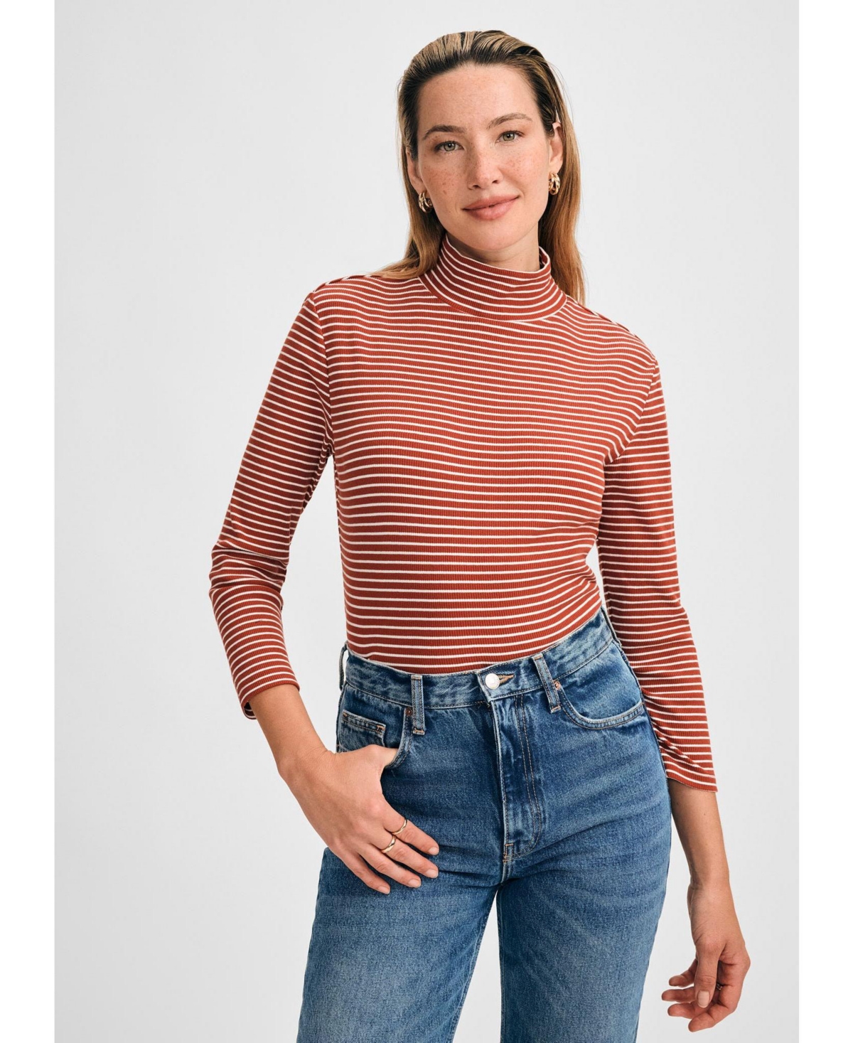 Women's 3/4 Sleeve Turtleneck Rib Top - Brick/white