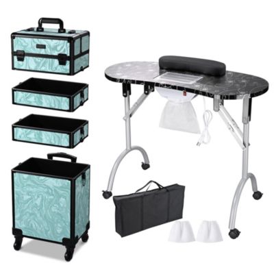 Folding Manicure Nail Table 4in1 Rolling Makeup Train Case CB Dusk