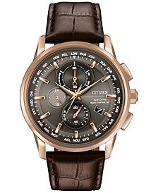 Men's World Chronograph Time AT Eco-Drive Brown Leather Strap Watch 43mm AT8113-04H 