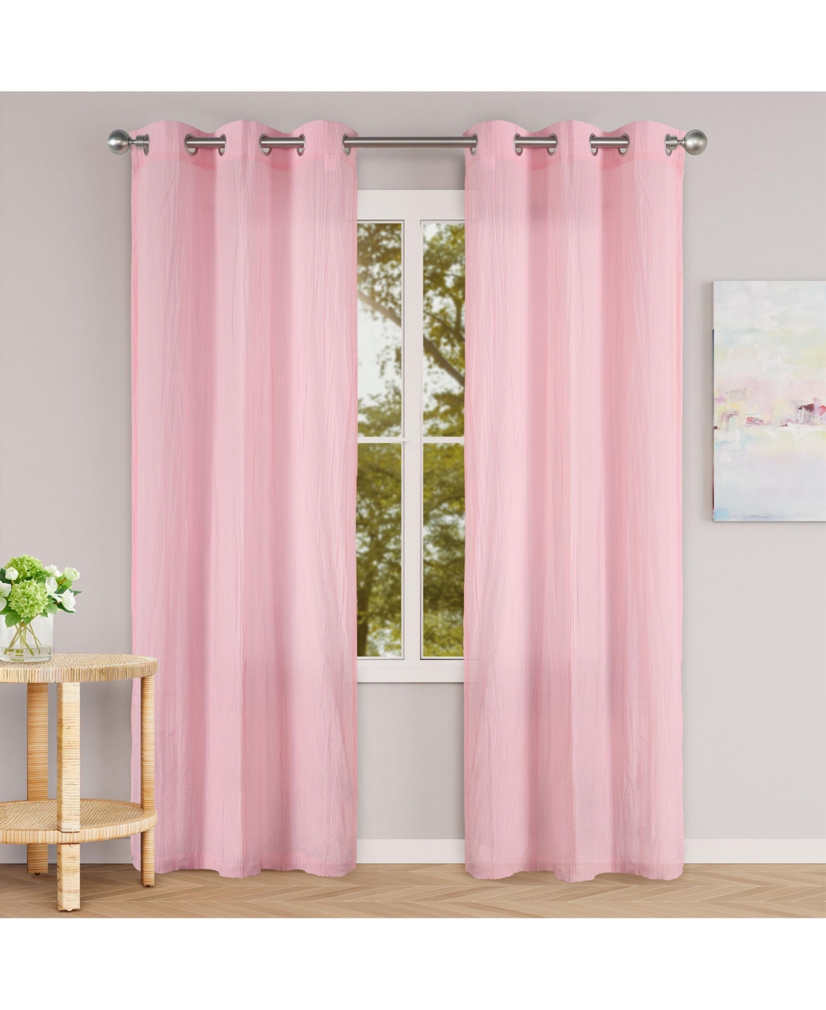 Grommet Broomstick Crush Curtains Pair, 38"X63" - Pink