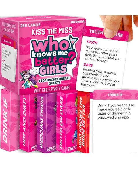 Детская карточная игра Quokka Kiss The Miss 250 Cards Bachelorette Party Card Game, Ages 21+, цвет: Girls Night