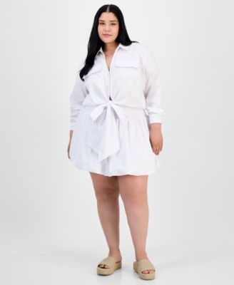 FULL CIRCLE TRENDS - Trendy Plus Size Collared Tie-Hem Shirt & Bubble-Hem Skirt
