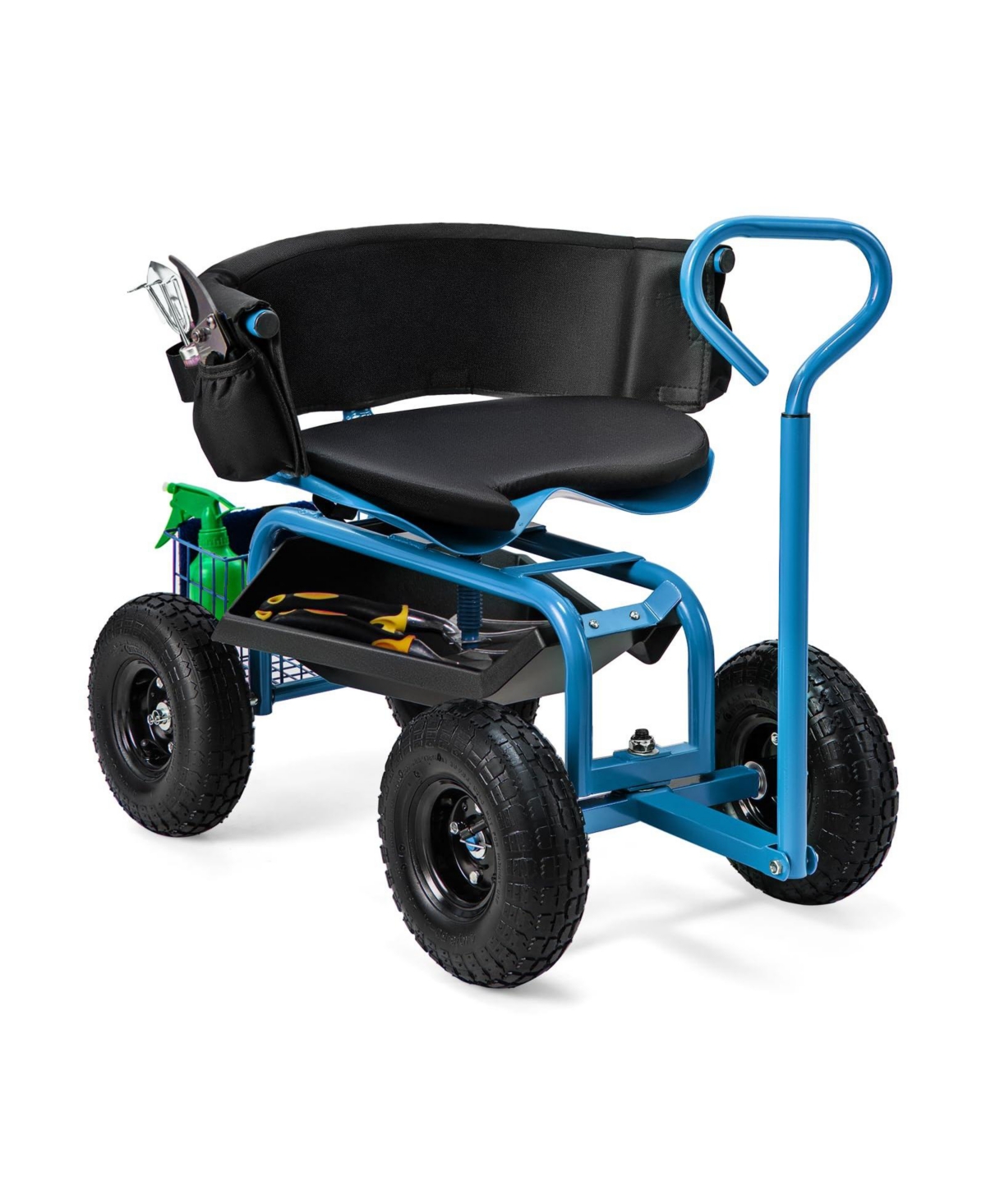 Cushioned Rolling Garden Cart Scooter with Storage Basket and Tool Pouch - Blue