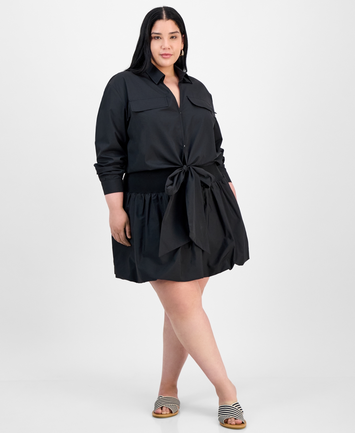 Trendy Plus Size Collared Tie-Hem Shirt & Bubble-Hem Skirt - Double Cream