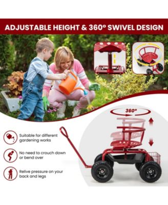 Cushioned Rolling Garden Cart Scooter with Storage Basket and Tool Pouch