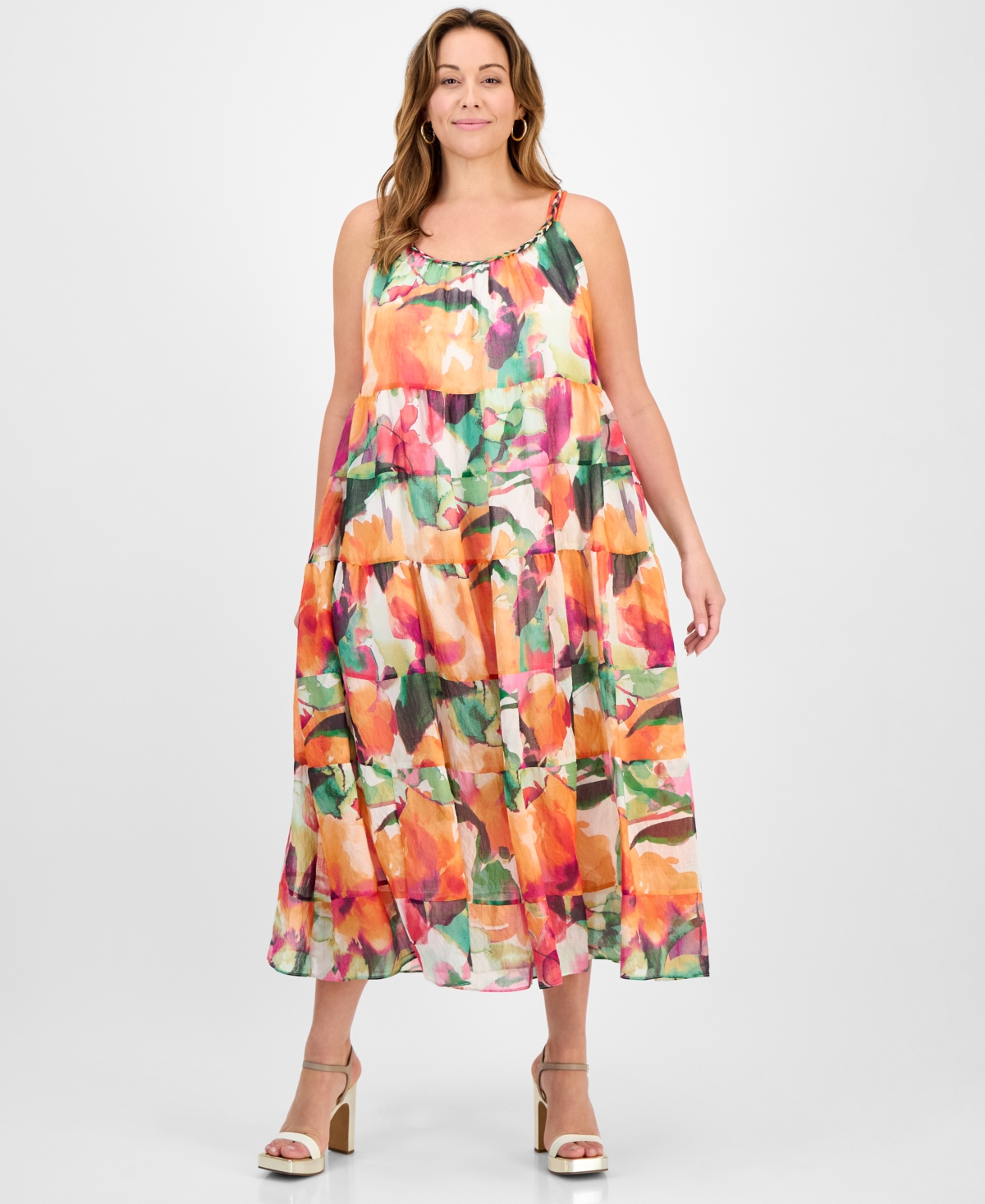 Plus Size Printed Sleeveless Tiered Midi Dress - Multi