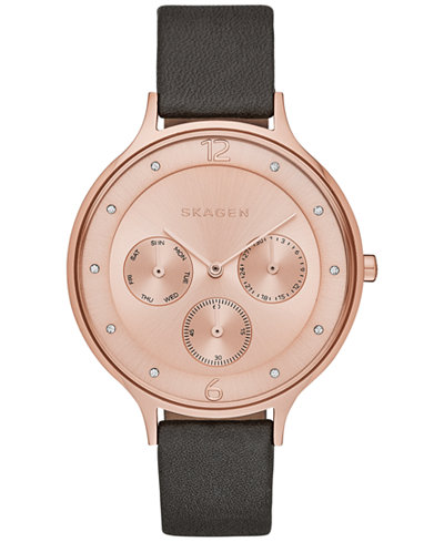 Skagen Women's Chronograph Anita Gray Leather Strap Watch 36mm SKW2392