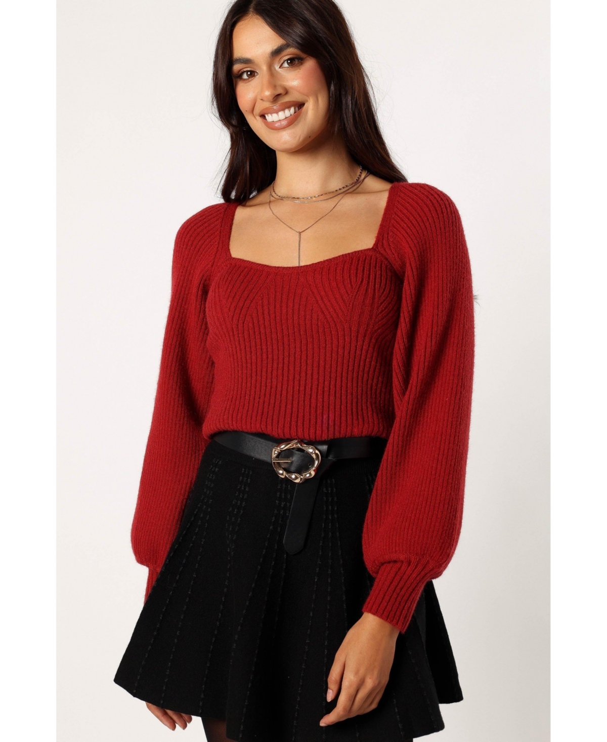 Women's Gia Sweetheart Neck Bell Sleeve Knit Sweater - Wine