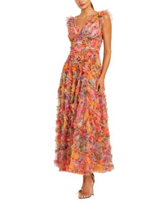 Women's Floral Mesh Ruffle V Neck Ankle Dress