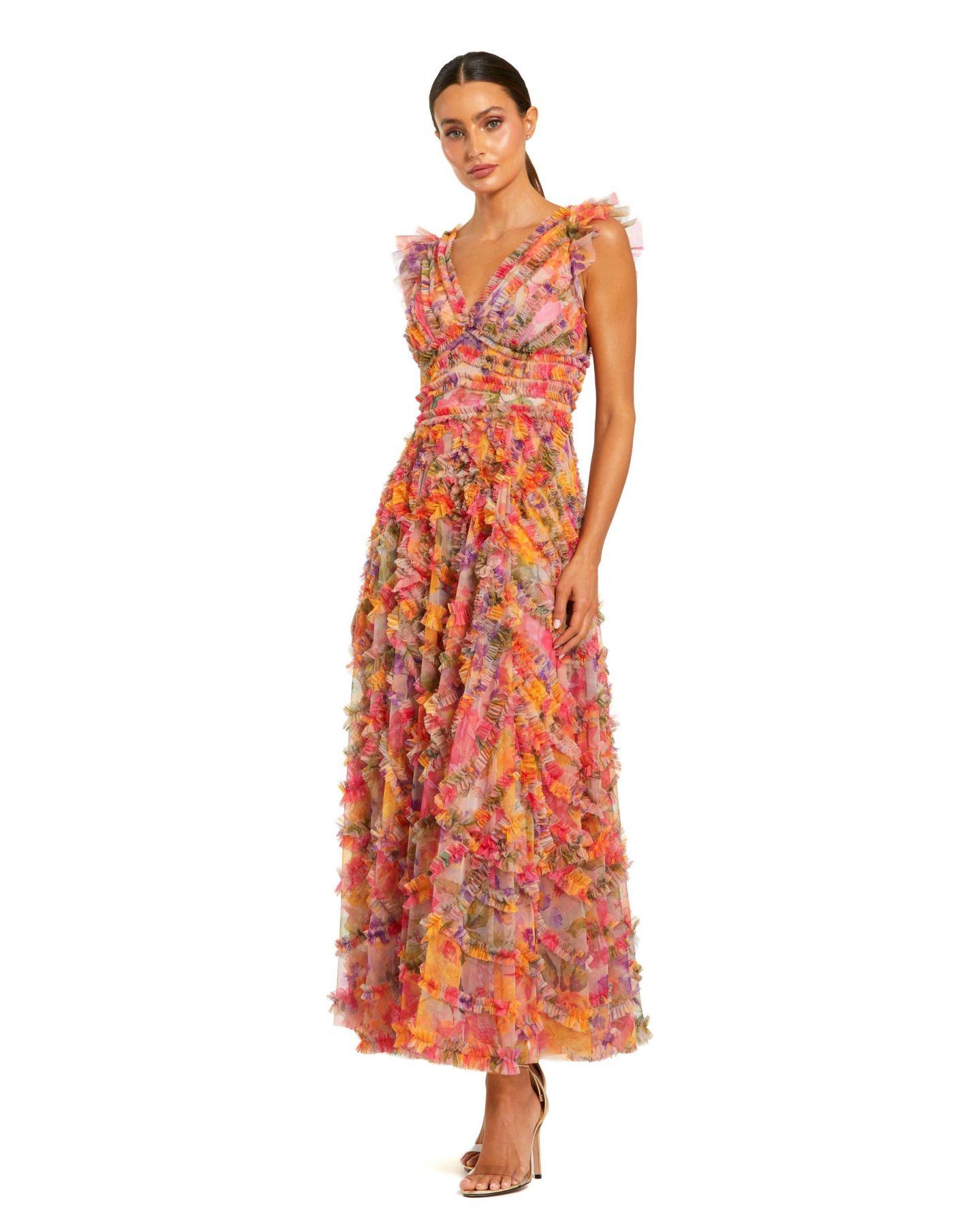 Женское платье Mac Duggal Floral Mesh Ruffle V Neck Ankle, цвет: Разноцветный — фото 4
