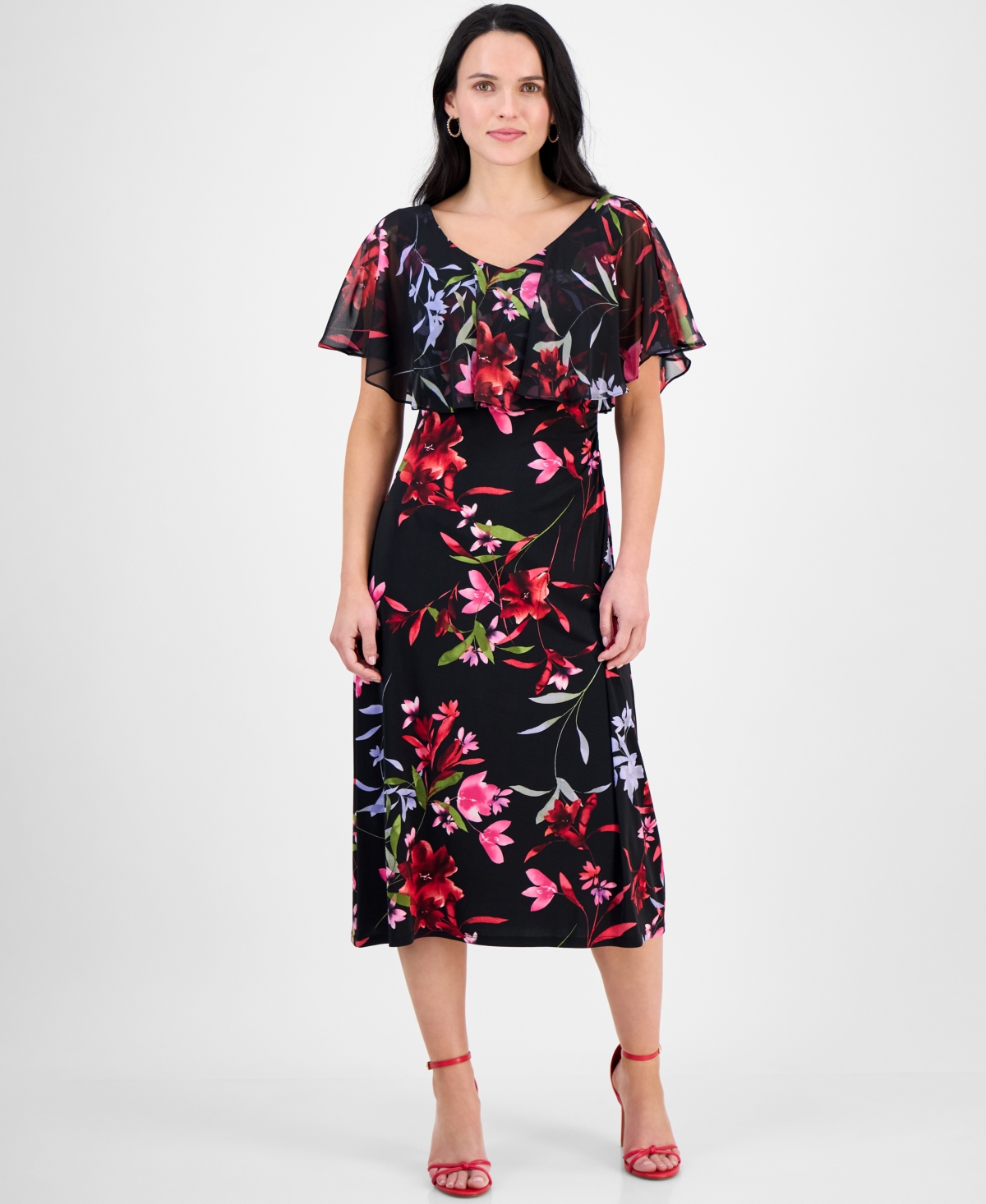 Petite Printed Cape-Overlay Midi Dress - Red