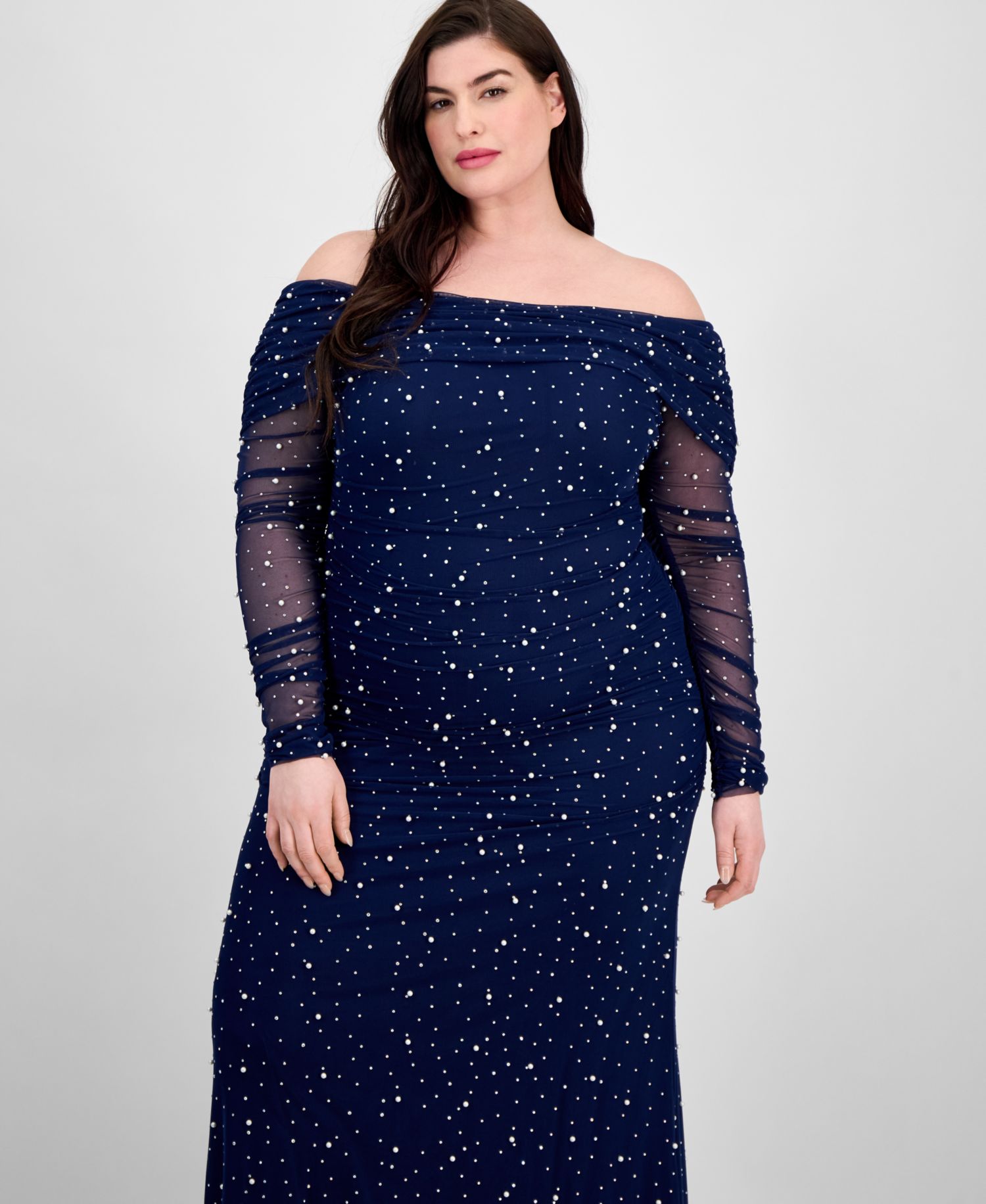 Trendy Plus Size Off-The-Shoulder Pearl Gown