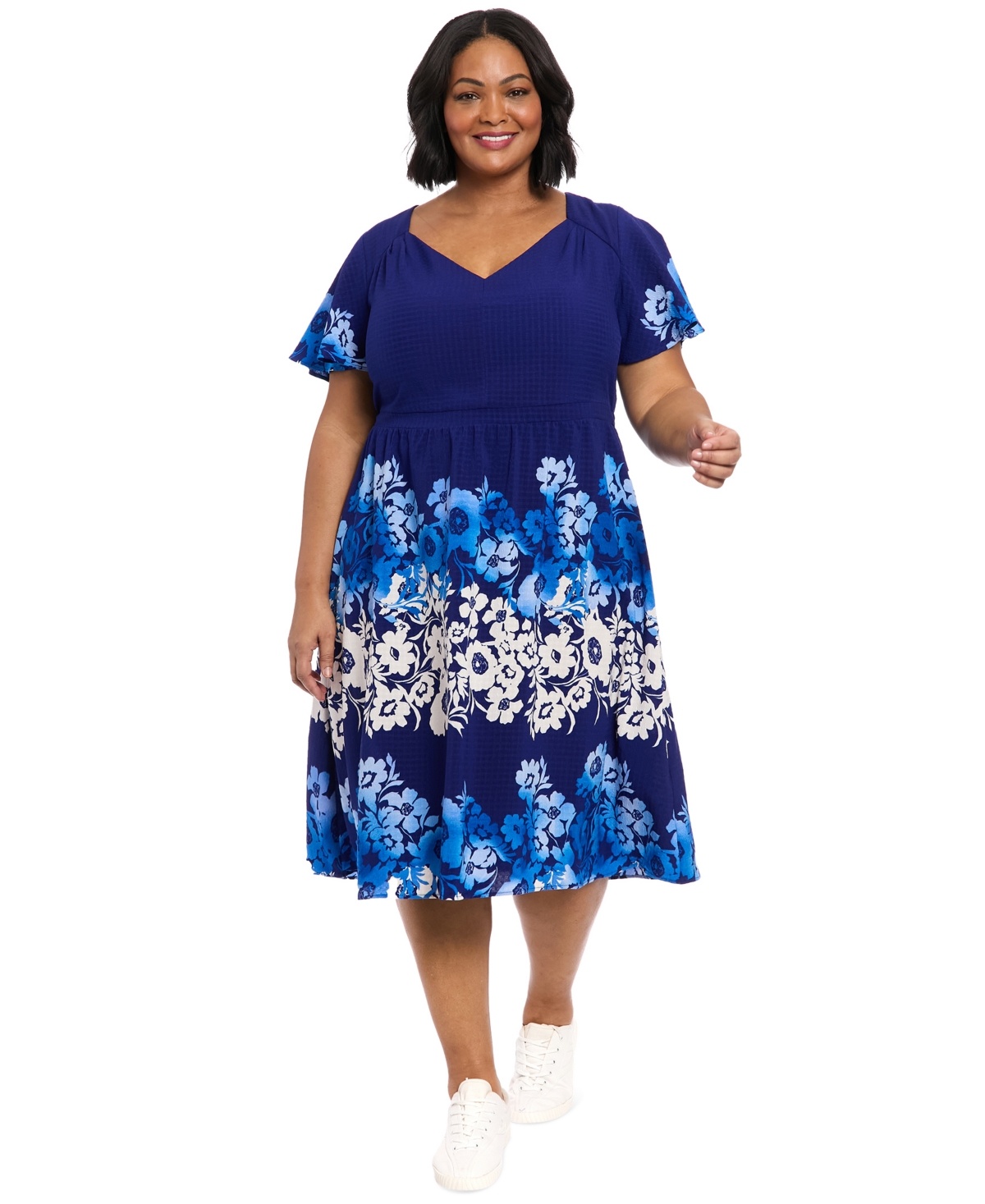 London Times Plus Size Placed-floral Flutter-sleeve Dress In Navy Cobalt