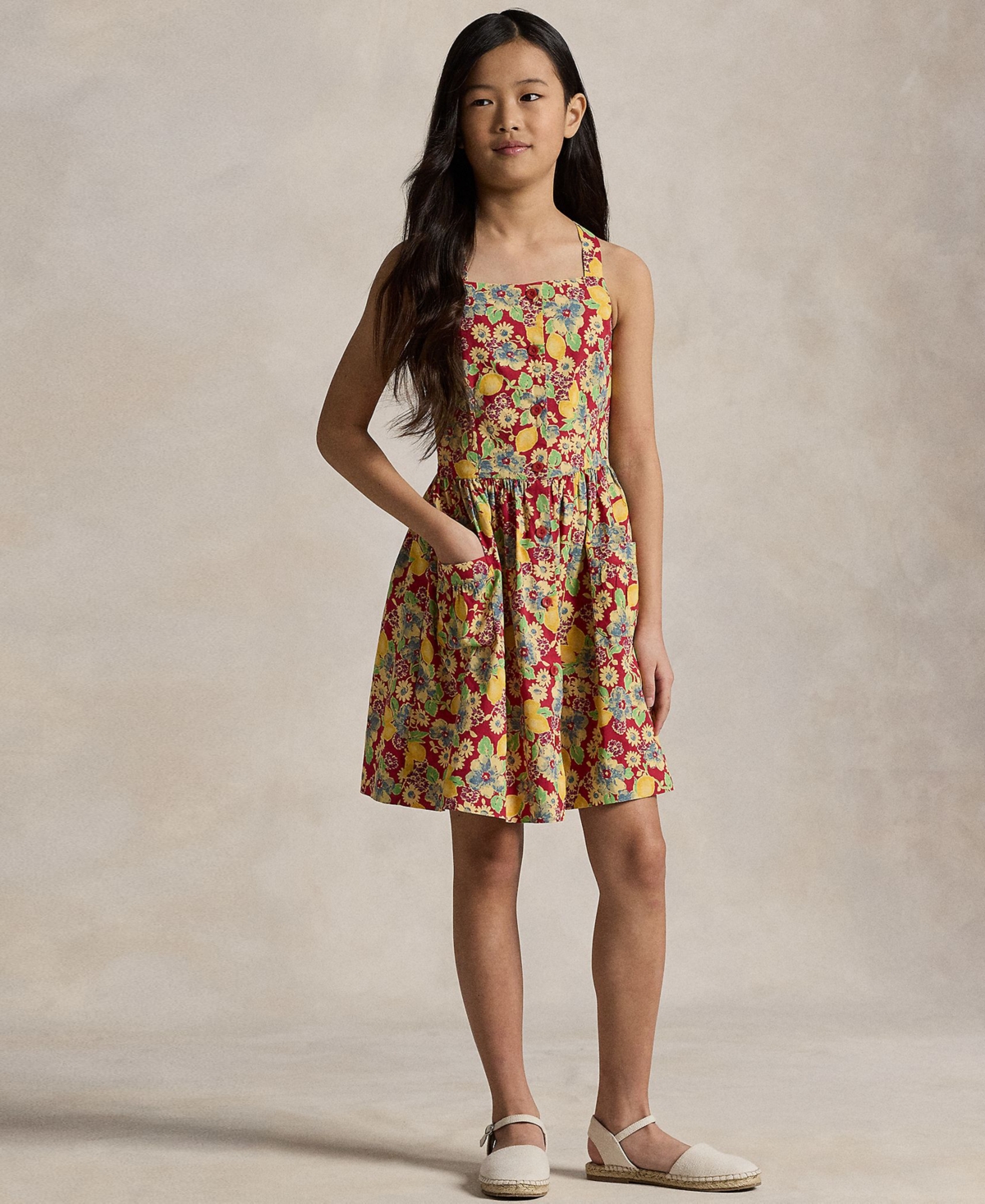 Polo Ralph Lauren Lemon-floral Slub Cotton Dress In Red