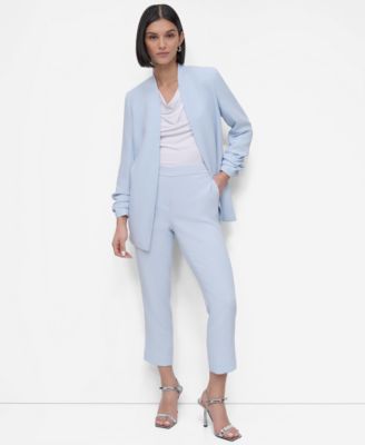 Womens Ruched Sleeve Open Front Blazer Cropped Straight Leg Pants