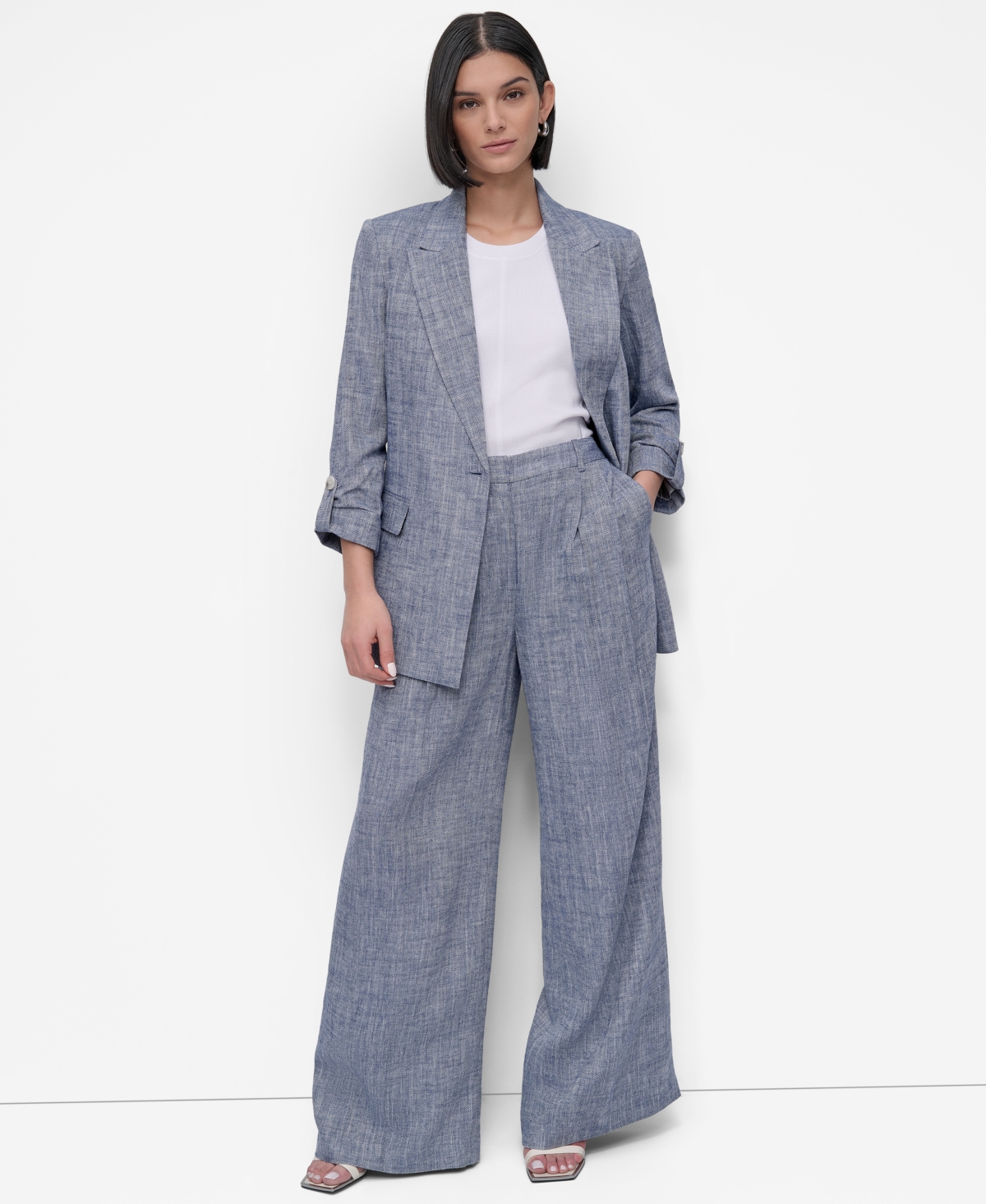Shop Dkny Women's Linen Blend One-button Blazer In Atlantic Blue,ivory