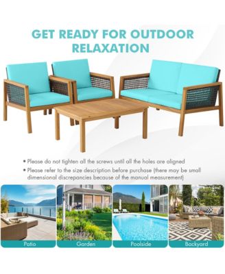 4 Piece Patio PE Rattan Conversation Set Acacia Wood Furniture Set  w/ Cushions