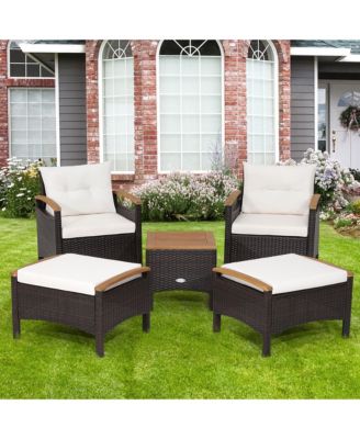5 Piece  PE Wicker Lounge Chair Outdoor Patio Rattan Furniture Set w/ Wood Tabletop Cushions