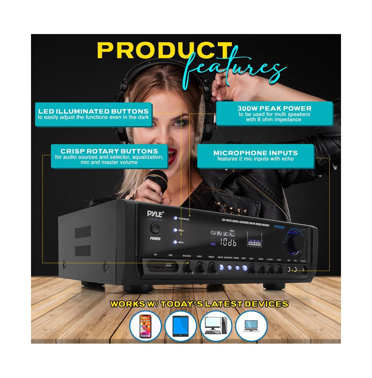 Pyle 300W Bluetooth Home Theater Stereo Receiver - PT390BTU