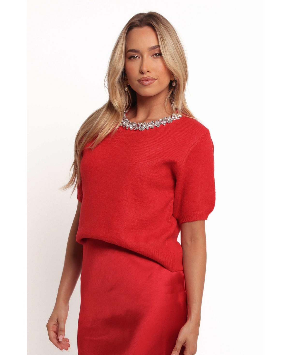 Women's Orlana Embellished Neck Short Sleeve Sweater - Red