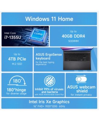 Vivobook 16 16" Daily Traditional Laptop Intel Core i7 1355U 16GB RAM Intel Iris Xe Graphics 1TB SSD Storage Windows 11 Home FHD+ 60Hz - Black