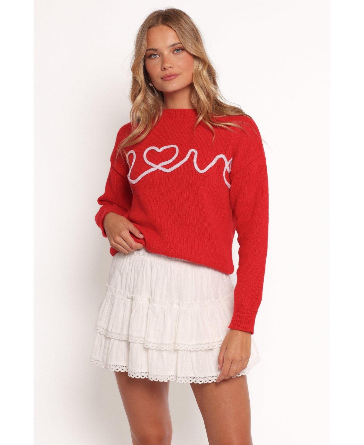 Women's Love Embroidered Knit Sweater - Red