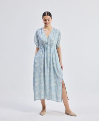 Women's Maxi Gathered Dress in Blue Florals