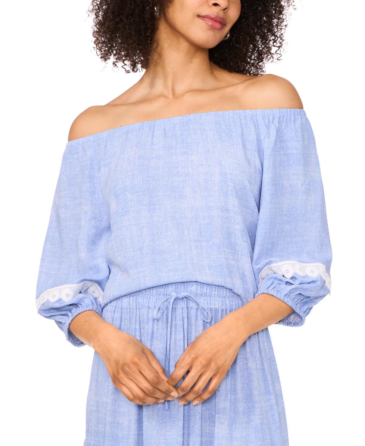 Petite Lace-Trim Off-The-Shoulder 3/4-Sleeve Top - Light Blue Wash