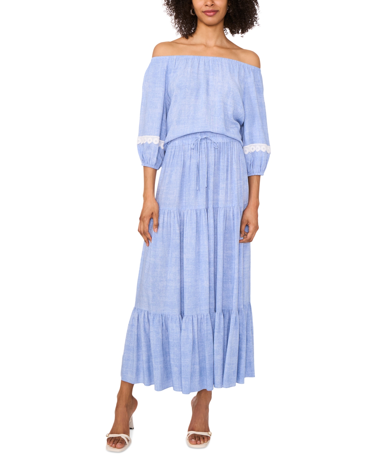 Sam & Jess Petite Drawstring-waist Tiered Maxi Skirt In Light Blue Wash